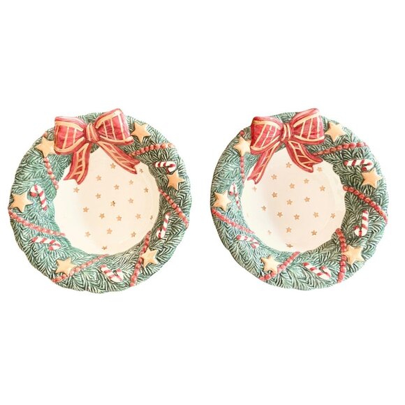 Fitz and Floyd Bow Candy Bowl Set of 2 With Christmas Tree Design 7" Wide - Picture 4 of 8